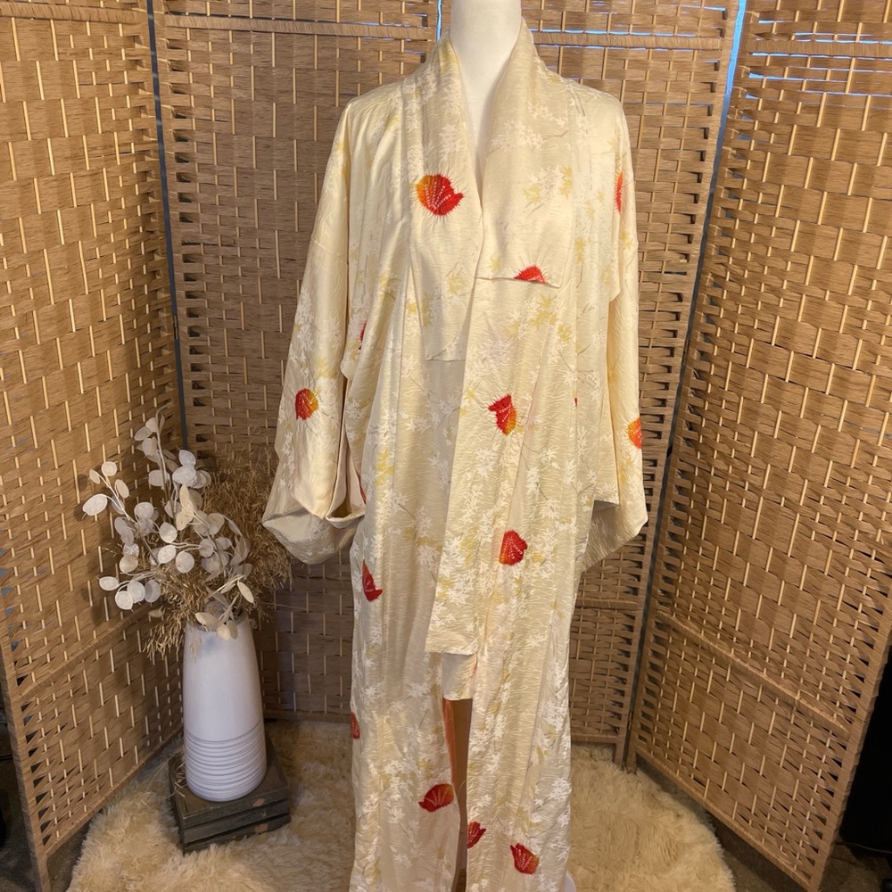 Hand Sewn Ivory Silk Kimono Robe with Red Floral Accents